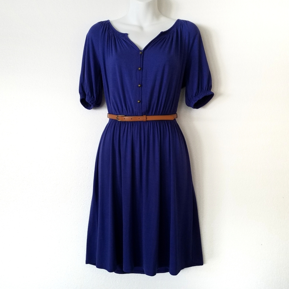 Loft Womens 2P Jersey Mini Dress  Belted Peasant Short Puff Sleeve Blue